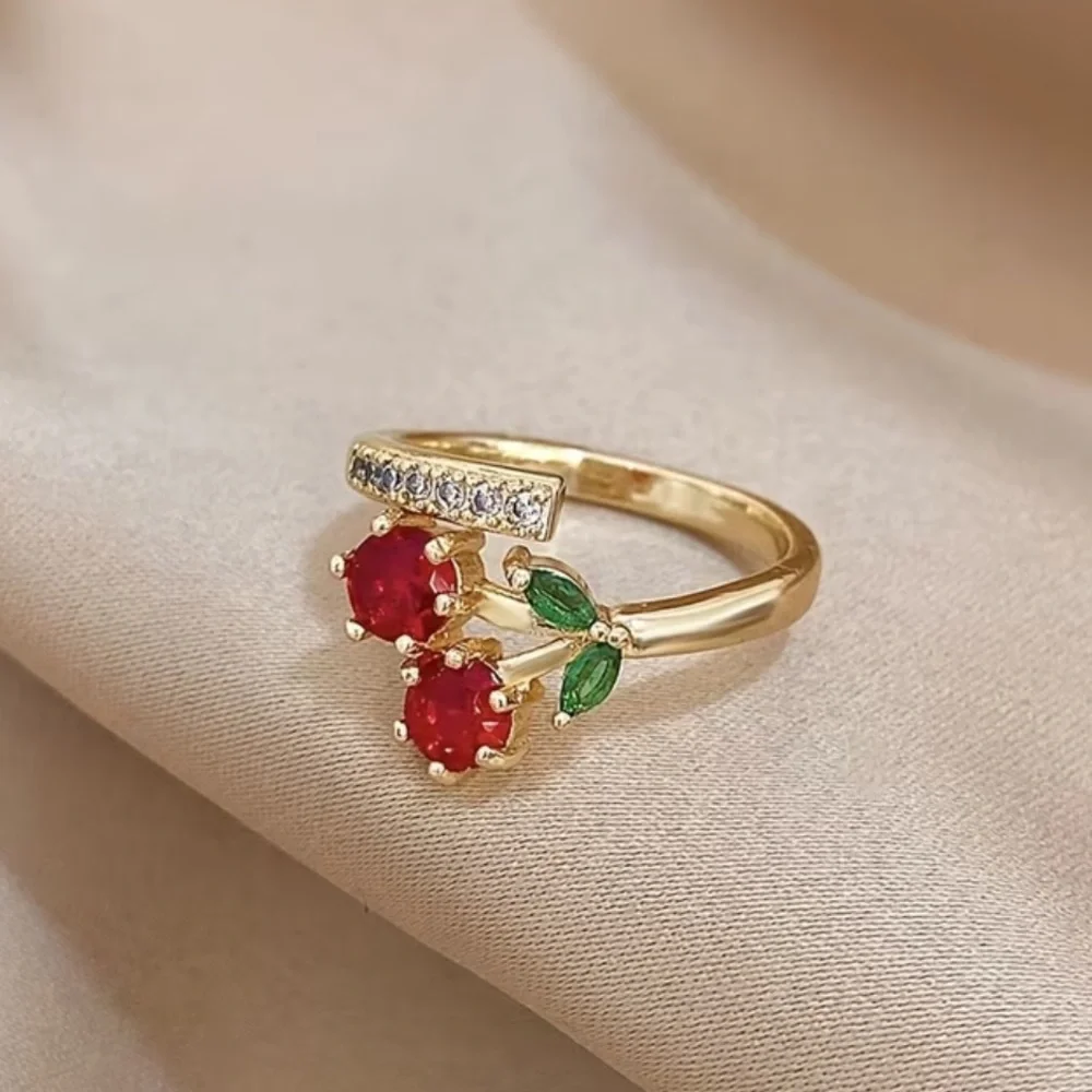 Cherry Ring Gold Plated Moissanite Adjustable Statement Ring Hypoallergenic